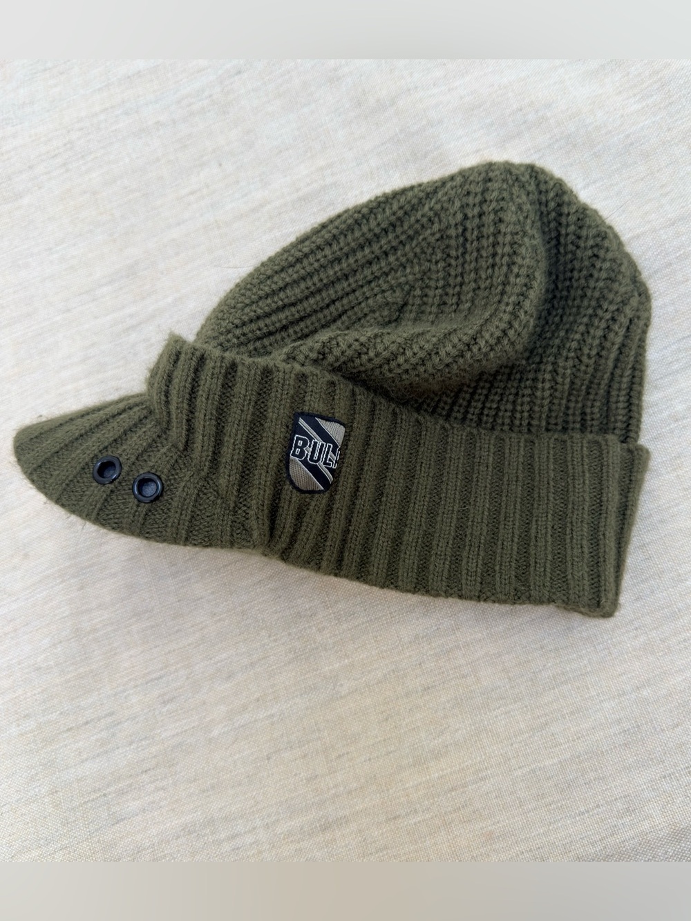 Y2K Bula olive green ribbed visor beanie / duckbill hat